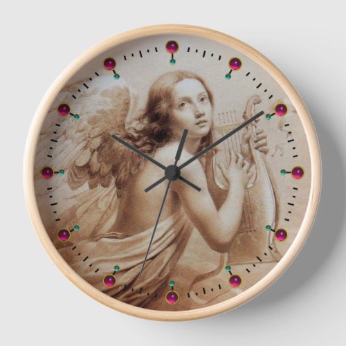 ANGEL PLAYING LYRA OVER THE CLOUDS Sepia Brown Clock
