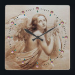 ANGEL PLAYING LYRA OVER THE CLOUDS Sepia Brown Square Wall Clock<br><div class="desc">Artistic and classic watercolor painting with white antique pink gem stones ,  re-elaborated from 18 th Century Italian fine art</div>