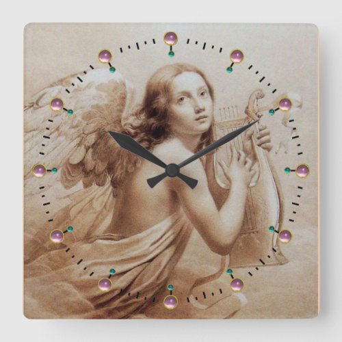 ANGEL PLAYING LYRA OVER THE CLOUDS Sepia Brown Square Wall Clock