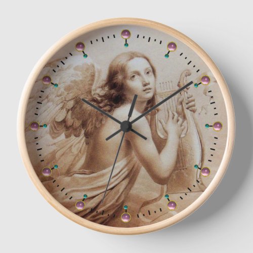 ANGEL PLAYING LYRA OVER THE CLOUDS Sepia Brown Wall Clock