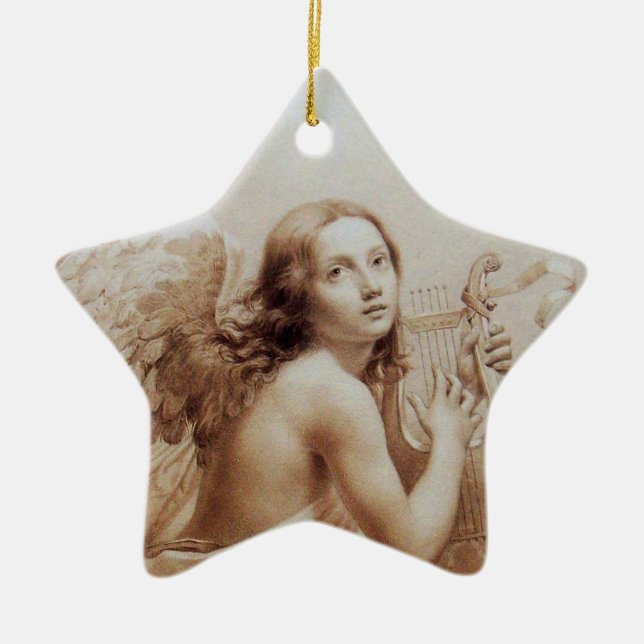 ANGEL PLAYING LYRA OVER THE CLOUDS Star Ceramic Ornament (Front)