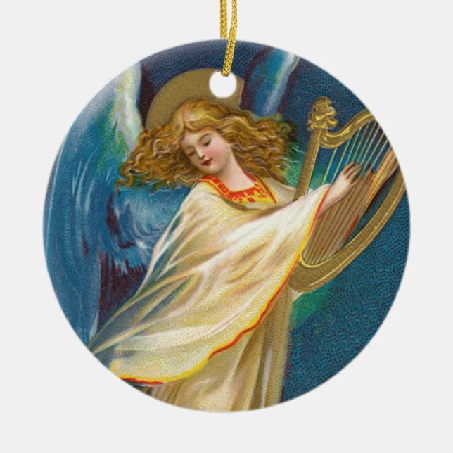 Angel Playing Music On A Harp Ceramic Ornament (Front)