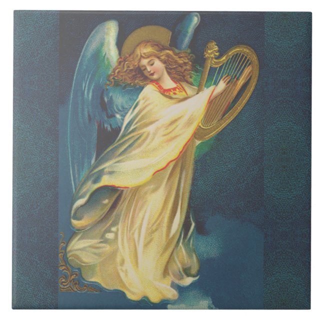 Angel Playing Music On A Harp Ceramic Tile (Front)