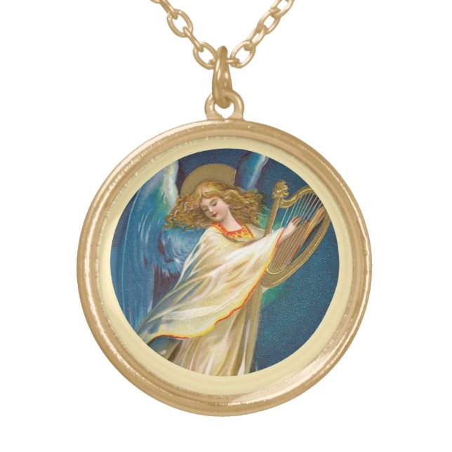 Angel Playing Music On A Harp Gold Plated Necklace (Front)