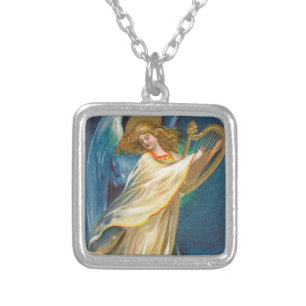 Angel Playing Music On A Harp Silver Plated Necklace