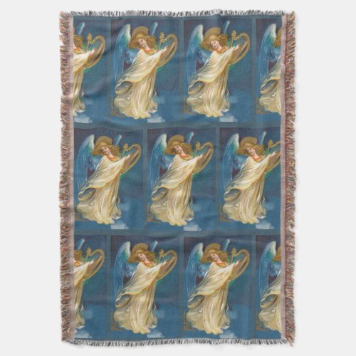 Angel Playing Music On A Harp Throw Blanket