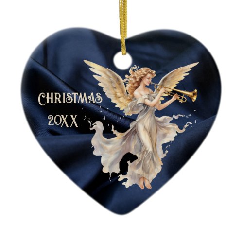 Angel Playing Trumpet Blue Heart Shaped Christmas Ceramic Ornament
