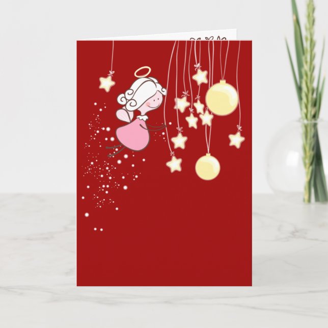 Angel Playing With Christmas Ornaments Holiday Card (Front)