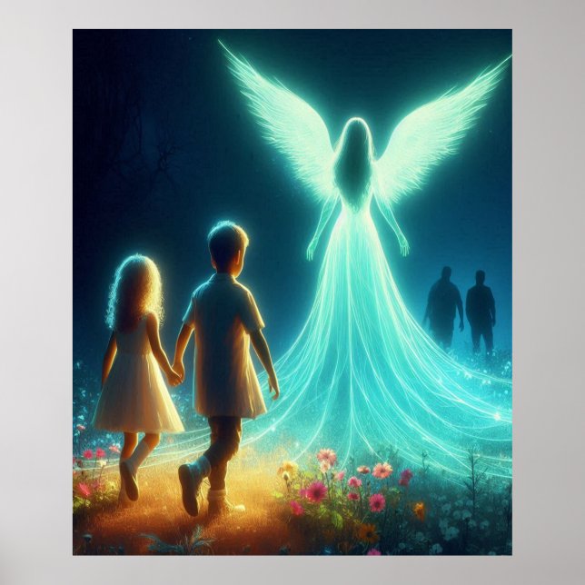 Angel Protecting Two Small Children in the Night Poster (Front)