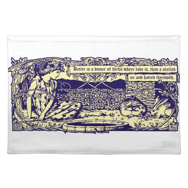 Angel & Rabbits in Flower Garden With Motto Banner Cloth Placemat (Front)