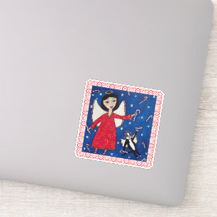 Angel Red Dress in Sky Angel Cat Candy Canes Sticker