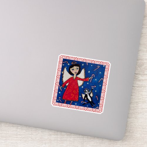 Angel Red Dress in Sky Angel Cat Candy Canes Sticker