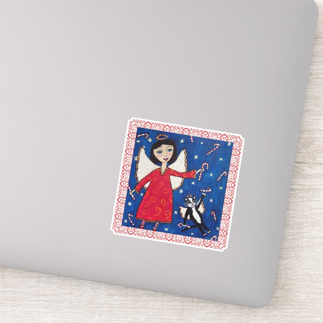 Angel Red Dress in Sky Angel Cat Candy Canes Sticker (Detail)