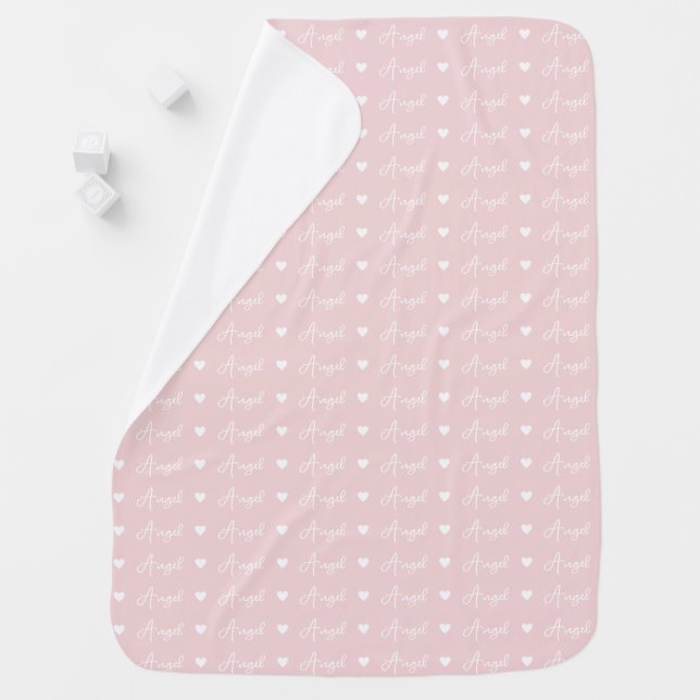 Angel repeating newborn custom name pale pink baby blanket (In Situ)
