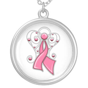 Angel Ribbon In Memory - Breast Cancer Silver Plated Necklace