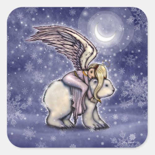 Angel riding Polar Bear Christmas Holiday Art Square Sticker