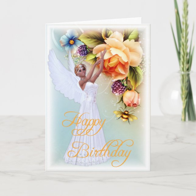 Angel & Roses Happy Birthday Greeting Card d4 (Front)