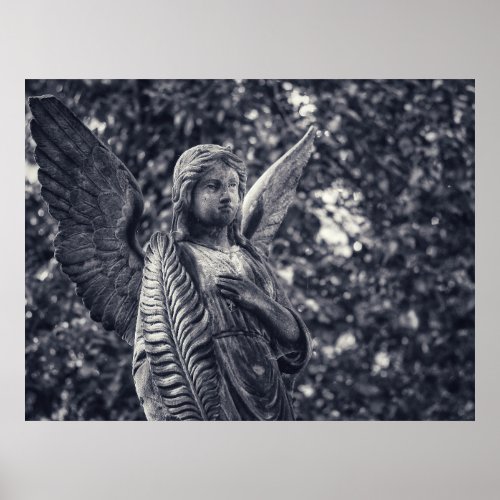 Angel sculpture looking forward with hand on heart poster