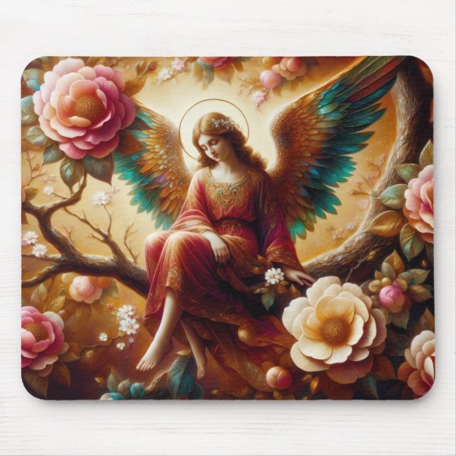Angel Sitting on a Tree Branch Looking Down Mouse Pad (Front)