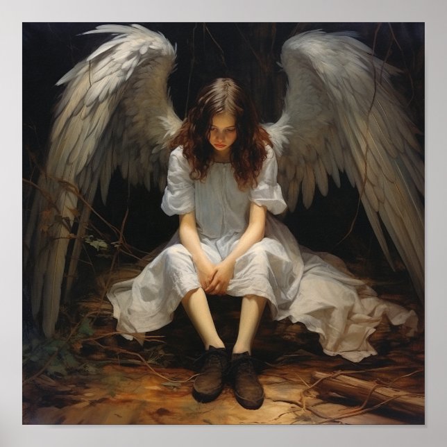 Angel Sitting on Ground - Serene Poster Featuring  (Front)