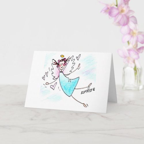 Angel Smiling Blue Gowned Bringing Hearts Of Love Card