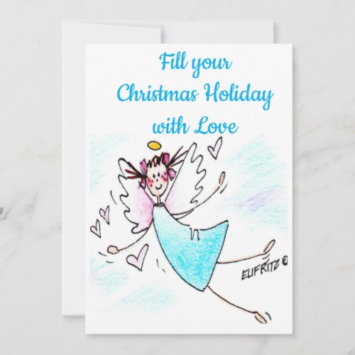Angel Smiling Blue Gowned Bringing Hearts Of Love Holiday Card