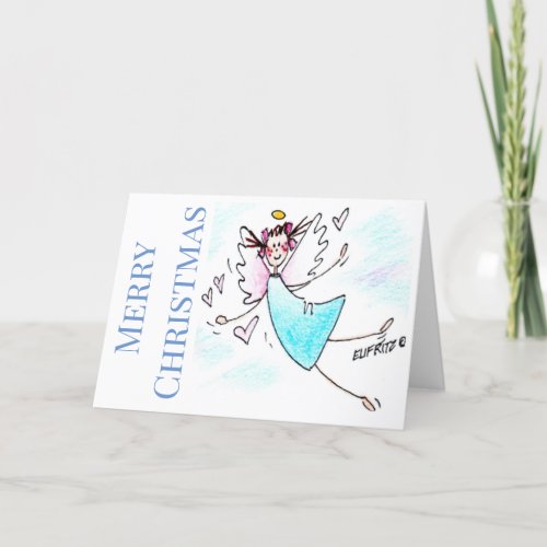 Angel Smiling Blue Gowned Bringing Hearts Of Love  Holiday Card