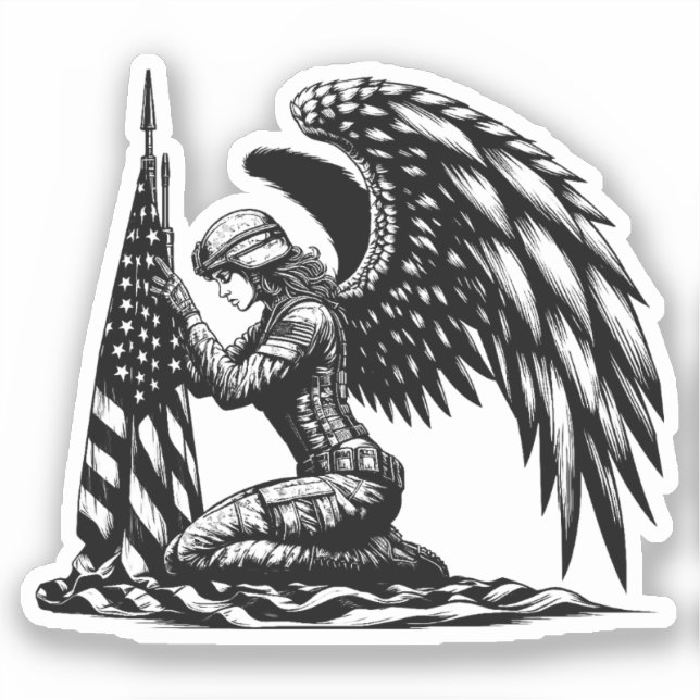 angel soldier woman USA Flag Patriotic Art Sticker (Front)