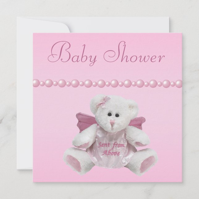 Angel Teddy, Baby Shoes & Pearls Baby Shower Invitation (Front)