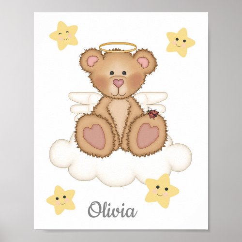 Angel Teddy Bear Baby Girl Cloud Star Nursery Art Poster
