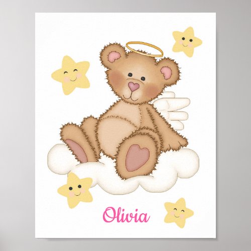 Angel Teddy Bear Baby Girl Cloud Star Nursery Poster