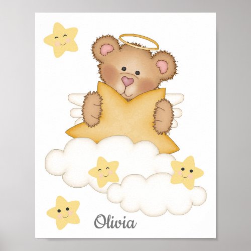 Angel Teddy Bear Baby Girl Star Cloud Nursery Art Poster
