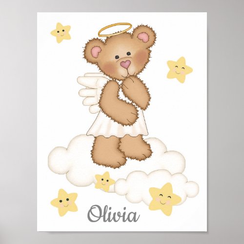 Angel Teddy Bear Baby Girl Star Cloud Nursery Poster