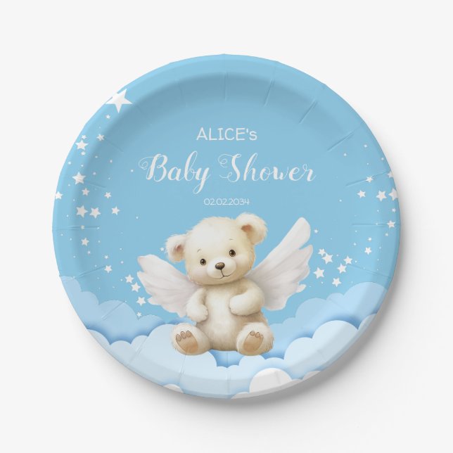 Angel Teddy Bear on Clouds Baby Blue Paper Plates (Front)