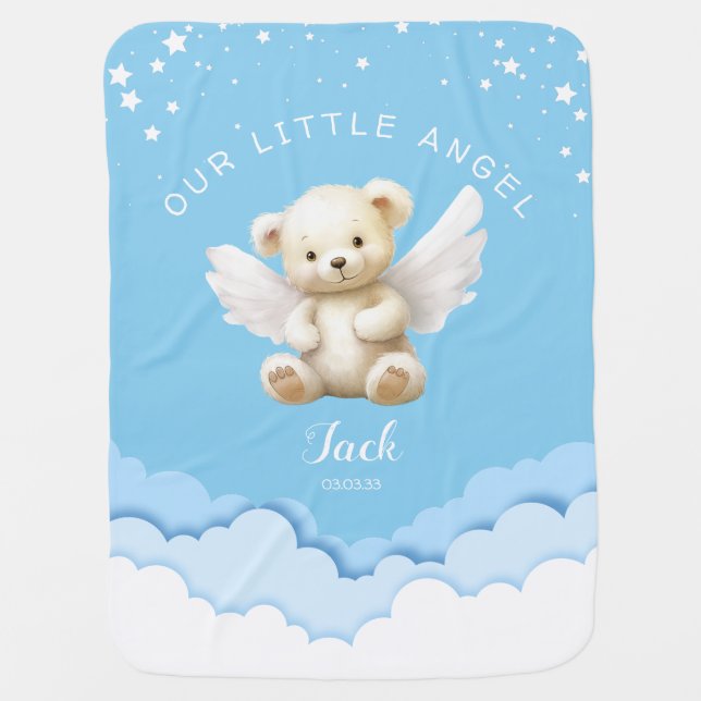 Angel Teddy Bear with Twinkling Stars Blue Boy Baby Blanket (Front)