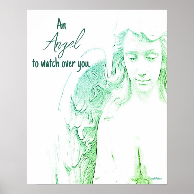 Angel To Watch Over You Green Wings Quote Art Poster (Front)