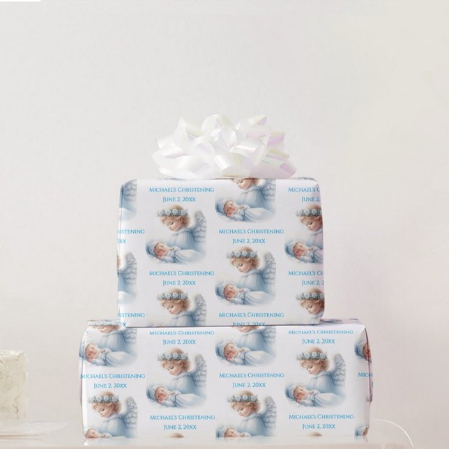 Angel Watching Over Baby Boy Baptism Wrapping Paper (Creator Uploaded)
