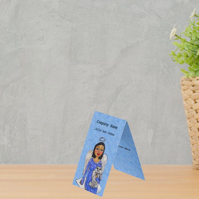 Angel White Wings on Cloud White Angel Cat Blue Business Card (Angel blue eyes dress holding white angel cat on cloud on sky blue standing business cards.)