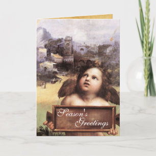 ANGEL ,Winged Cherub ,Blue Sapphire,Parchment Holiday Card