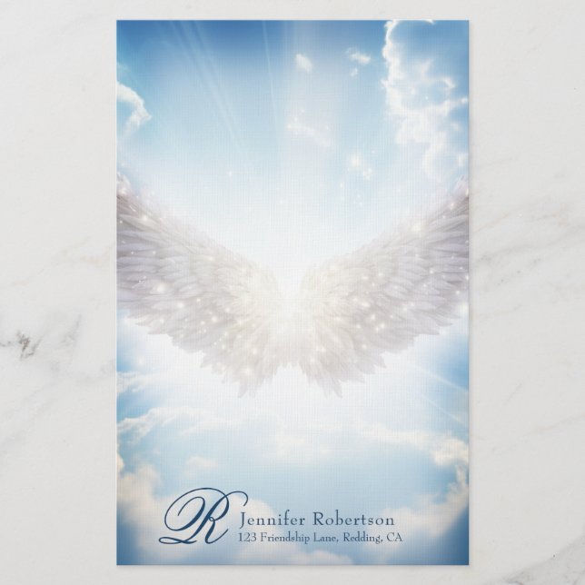 Angel Wings and Clouds Monogram Stationery (Front)