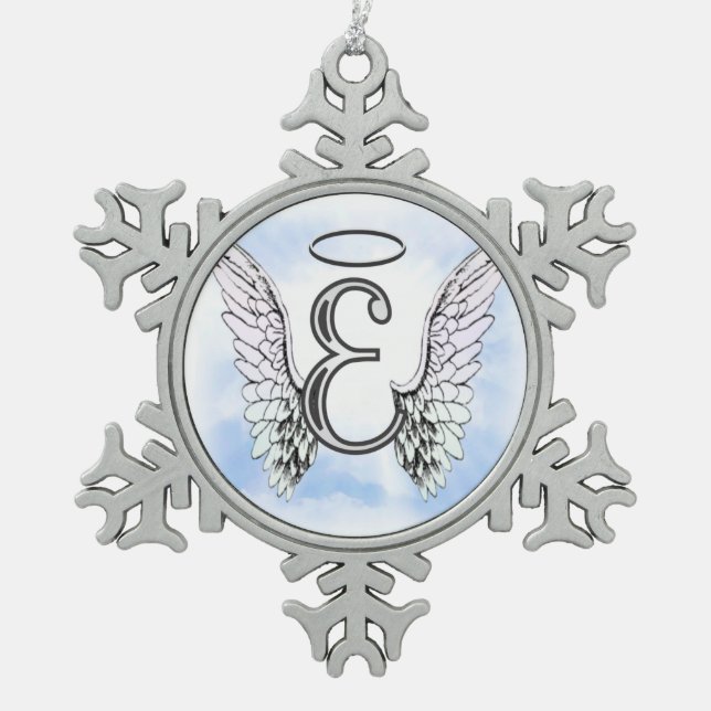 Angel Wings and Halo Monogram Letter E Snowflake Pewter Christmas Ornament (Front)