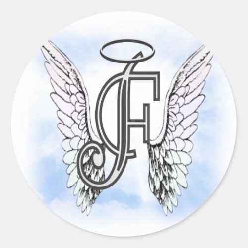 Angel Wings and Halo Monogram Letter F Classic Round Sticker