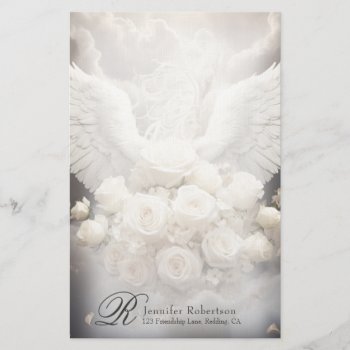 Angel Wings And Roses Monogram Stationery by MemorialGiftShop at Zazzle