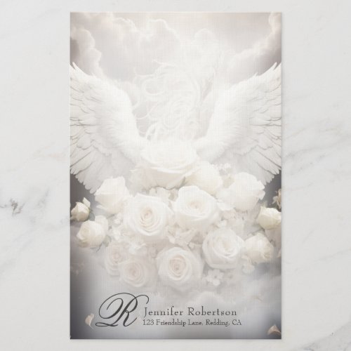 Angel Wings and Roses Monogram Stationery