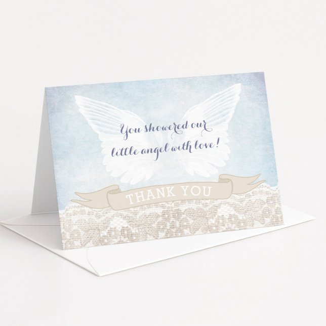 Angel Wings Baby Shower or Baptism Thank You Notes (Vintage inspired Angel wings thank you card design for baptism or christening with burlap lace )