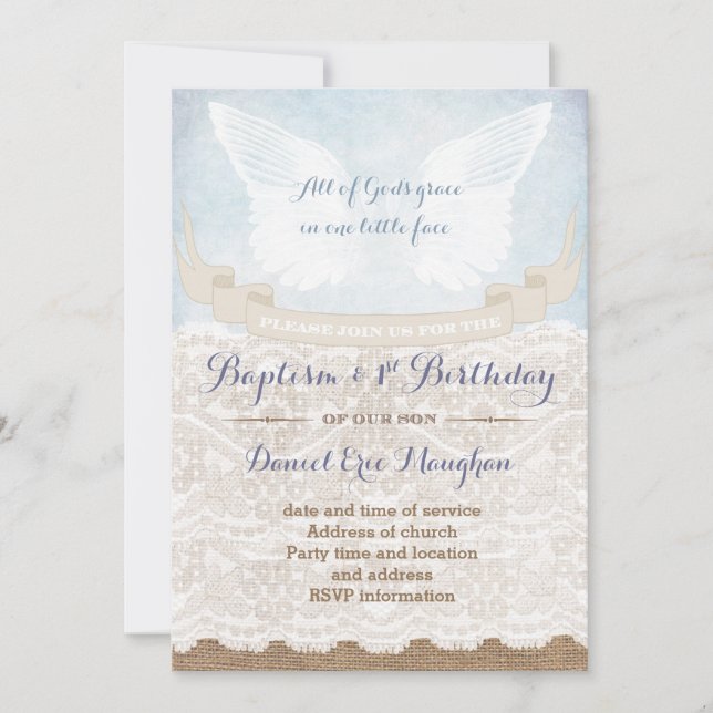 Angel Wings Baptism and 1st Birthday for boy Invitation (Front)