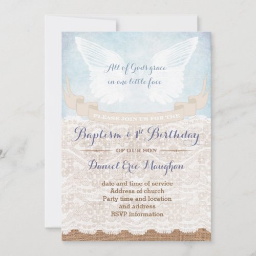 Angel Wings Baptism and 1st Birthday for boy Invitation