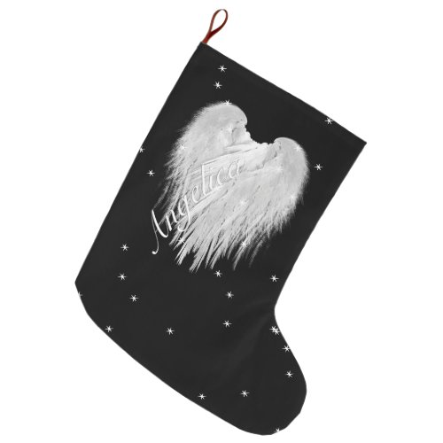 ANGEL WINGS Believe Heart Black Starry Large Christmas Stocking