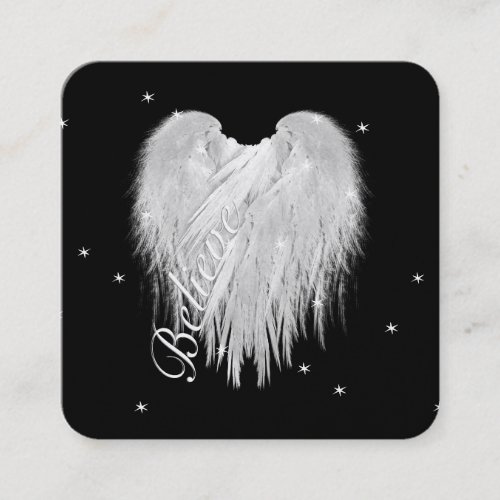 ANGEL WINGS Believe Heart Black Starry Night Square Business Card