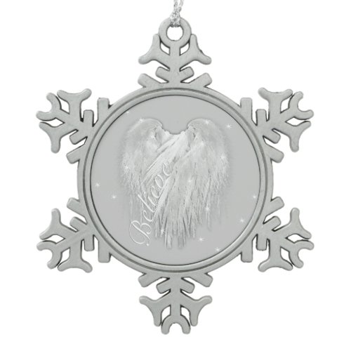 ANGEL WINGS 'Believe' Magic Heart Snowflake Pewter Christmas Ornament